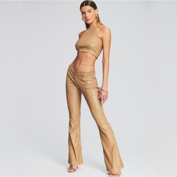 Retrofête Julien Sequin Knit Flare Pants Nude Tan High Rise L NWT Party - Picture 3 of 15